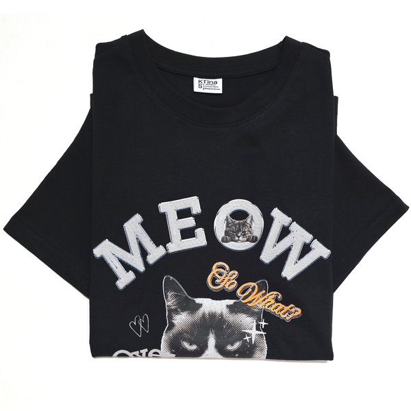 Women's Meow Over Matter Grumpy Cat Funny Graphic Retro Streetwear Cotton T-Shirt