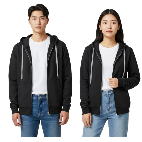 Unisex Premium Solid YKK 2-Way Zip Black Hoodie Recycled Fabric Combed Cotton Soft