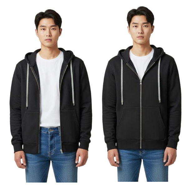 Unisex Premium Solid YKK 2-Way Zip Black Hoodie Recycled Fabric Combed Cotton Soft