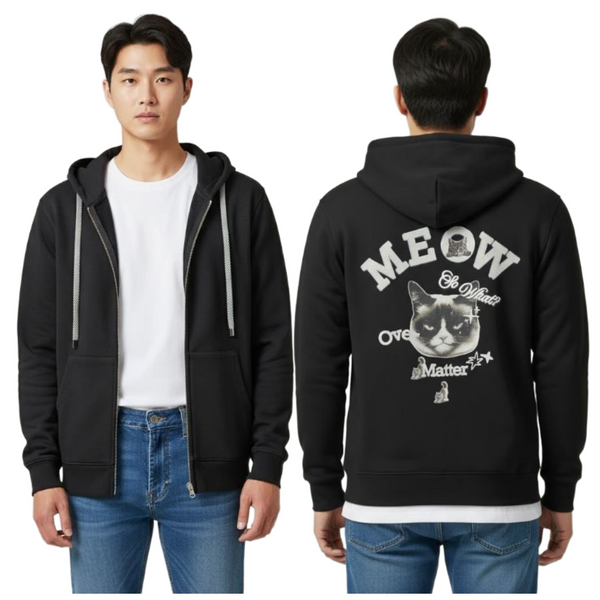 Unisex Premium Cat Lover Heavyweight YKK 2-Way Zip Black Hoodie Recycled Fabric