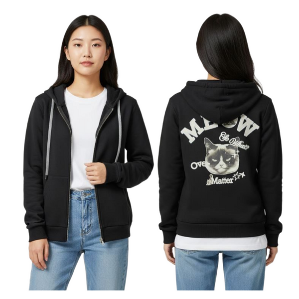 Unisex Premium Cat Lover Heavyweight YKK 2-Way Zip Black Hoodie Recycled Fabric