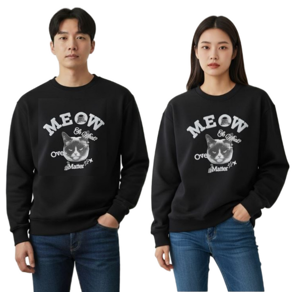 Share Unisex Meow Cat Black Sweatshirt Recycled Fabric Combed Cotton Soft K-Fashion