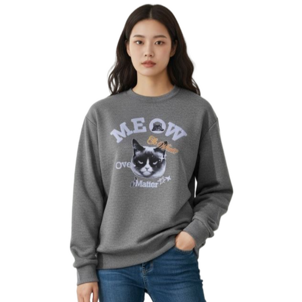Unisex Meow Cat Two-Tone Gray Melange Soft Peached Activewear Sweatshirt