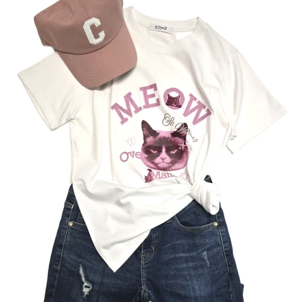 Women's Meow Over Matter Grumpy Cat Funny Graphic Retro Streetwear Cotton T-Shirt