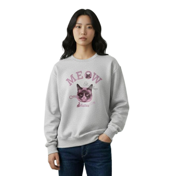 Unisex Meow Cat Black Sweatshirt Recycled Fabric Combed Cotton Soft M Size